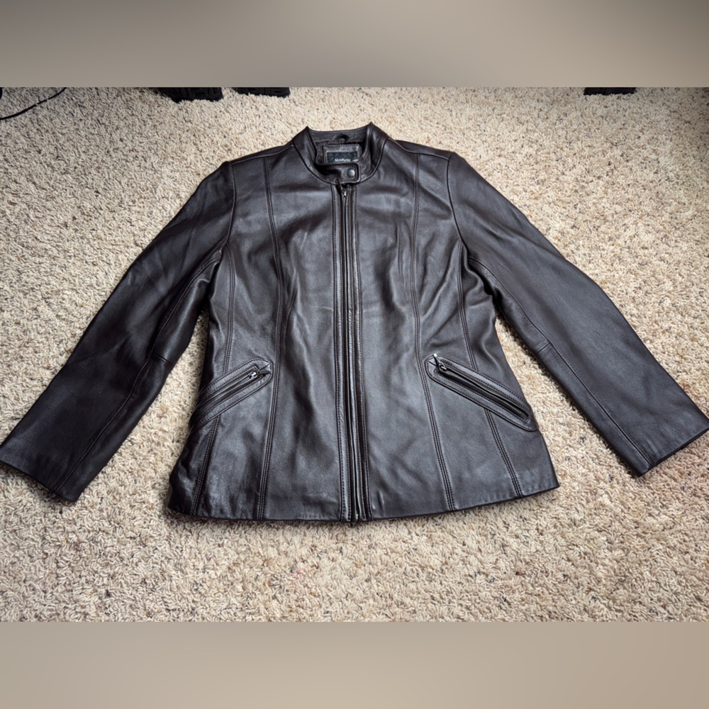 Marvin Richards Ladies Full Zip Snap Collar chocolate Brown Leather Jacket Sz M